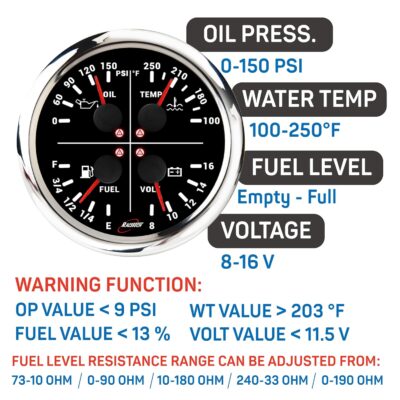 RACETECH 110mm (4-3/8") 2 Gauge Set - 2in1 GPS Speedometer Tachometer + 4in1 Oil, Water Fuel Volt Gauge Set – 7 Color LED Black Dial IP67 Waterproof 12V/24V – for Car Truck, Moto, Marine - Image 5