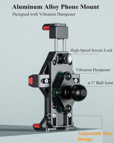 BRCOVAN 1'' Ball Aluminum Alloy Phone Mount Holder with Vibration Dampener, for Motorcycle ATV UTV Car Bike Boat Truck Scooter Fit for RAM Mounts B Size 1'' Ball Double Socket Arm, for 4.7-7.2'' Phone - Image 2