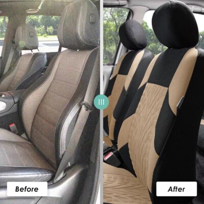FH Group Car Seat Covers Full Set Premium Cloth - Universal Fit, Automotive, Low Back Front Washable Seat Covers, Airbag Compatible, Split Bench Rear Seat for SUV, Sedan Beige - Image 6
