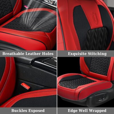 Coverado Car Seat Cover, Front Seat Cover, 2PCS Car Seat Protector, Seat Covers for Cars, Breathable Faux Leather Car Seat Cushion, Car Seat Protector, Red Car Seat Covers Winter Fit for Most Vehicles - Image 8
