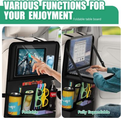 Plzpik Car Backseat Organizer with Tablet Holder,11 Storage Pockets with Foldable Food Tray, Protector Kick Mats for Kids, Travel Accessories Organizer (Black, 1Pack with Food Tray) - Image 3