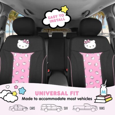 Carbella Hello Kitty Car Seat Covers - Cute and Durable Pink Front Seat Covers, Adorable Hello Kitty Design, Comfortable and Long-Lasting Polyester, Car Accessories Gift 2pc Black/Pink - Image 6