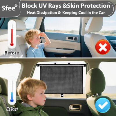 Sfee Car Window Shades for Baby-2 Pack Retractable Side Window Car Sun Shade Blocks UV Rays & Heat for Sun Protection Roller Sunshade Visor Window Shade for Kids,Passengers,Pets (20''x22'') - Image 4