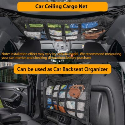 Car Ceiling Cargo Net with 3 Pockets,31.5"x21.6" Car Overhead Storage Mesh Organizer,Double Layer Roof Mesh Camping Overlanding Gear Must Haves Cargo Net,Road Trip Essentials - Image 2
