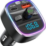LENCENT Bluetooth 5.4 FM Transmitter Car Adapter 48W [PD 30W & 18W] [7 Color Light] [Fast Charging] Wireless Radio Music Adapter Hands-Free Calling, Support USB Drive & TF Card