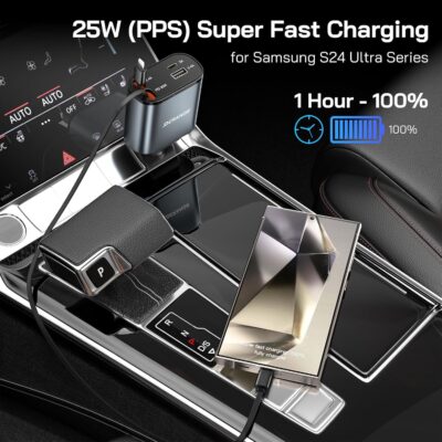 [2 Pack] Retractable Car Charger 4 in 1 Fast Car Phone Charger 69W, USB C Car Truck Accessories Adapter with 2X Retractable Charger Cords and 2X USB Ports for i Phone 17/16/15/14, for Samsung S25/S24 - Image 3