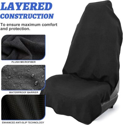 Car Front Seat Cover: Waterproof & sweatproof, fits all cars/SUVs/trucks. Ideal for gym, sports & beach. 3-layer non-slip, easy machine wash. Shields seats from stains & wetness. (Black, 1Pcs) - Image 4