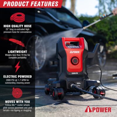 A-iPower Follow Me Electric Pressure Washer 2800 Max PSI 1.7 GPM Anti-Tipping Design with 5 Nozzles, Soap Dispense for Fences, Driveways, Patios, Cars, Home Cleaning, E2800-FM - Image 4