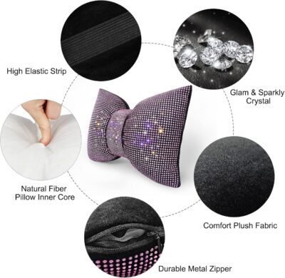 surpassme 2PCS Rhinestone Car Headrest Neck Pillow for Driving with Bling Bling Crystal Bow Pillow Car Accessories for Women (Pink) - Image 6