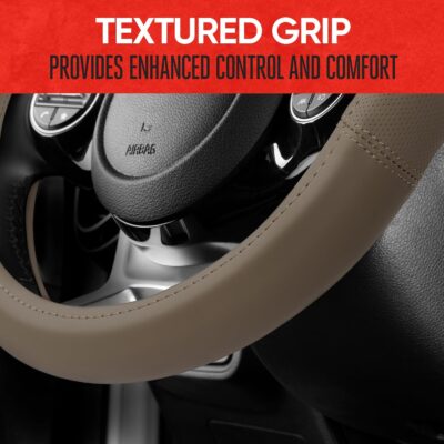 Motor Trend Soft Touch Leather Beige Steering Wheel Cover with Grooves, Advanced Traction Universal Fit for Standard Sizes 14.5 15 15.5 inches - Image 6