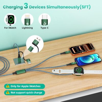 Travel Essentials for iPhone iWatch Charger, 3 in 2 USB Cable for iWatch/iPhone Charger/L Port, Beach Vacation Essentials USB C Cord Compatible with iWatch 10-1/iPhone 17-11/PS/Galaxy/Car, 2Pack 5FT - Image 2