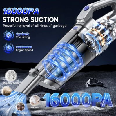 Handheld Vacuum Cordless, 16000PA Strong Suction Hand Held Car Vacuum Cleaner, Portable Hand Vacuum Rechargeable with Multi-Nozzles & LED Light for Home, Car, Office, Pets - Image 7