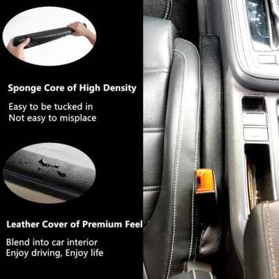 Leather Car Seat Gap Filler, 2 Pack No-Drop Seat Guard Universal Gap Stopper/Catcher to Fill The Gap Between Seat and Console Black Car Crevice Blocker Space Pad - Image 4