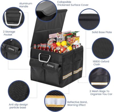 Trunk Storage Organizer with Lid, 35cm Small 36L Collapsible Car Trunk Organizer,Small Car Organizer Aluminium Handle, Car Accessories for Sedan Auto SUV Truck Minivan Road Emergency Black - Image 2