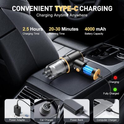 KMM Handheld Car Vacuum Cleaner, 9000PA Vacuum Cleaner & Air Duster, 120W High Power Vacuum Portable Cordless, Hand Held Vacuum Rechargeable with Multi-Nozzles & LED Light for Home, Car, Office - Image 4