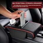 Center Console Cover,Car Armrest Cushion Multifunctional with 2 Storage Bags Cup Holder,Phone Slot,Tissue Box Slot for Most Cars Accessories Interior Organizers-Black+Red 13.8x7.9 in - Image 6