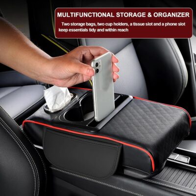 Center Console Cover,Car Armrest Cushion Multifunctional with 2 Storage Bags Cup Holder,Phone Slot,Tissue Box Slot for Most Cars Accessories Interior Organizers-Black+Red 13.8x7.9 in - Image 6