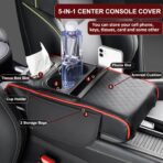 Center Console Cover,Car Armrest Cushion Multifunctional with 2 Storage Bags Cup Holder,Phone Slot,Tissue Box Slot for Most Cars Accessories Interior Organizers-Black+Red 13.8x7.9 in - Image 3