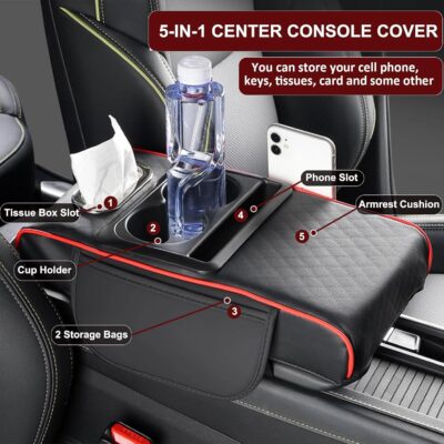 Center Console Cover,Car Armrest Cushion Multifunctional with 2 Storage Bags Cup Holder,Phone Slot,Tissue Box Slot for Most Cars Accessories Interior Organizers-Black+Red 13.8x7.9 in - Image 3