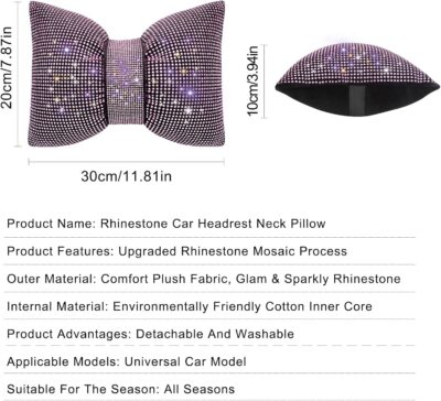 surpassme 2PCS Rhinestone Car Headrest Neck Pillow for Driving with Bling Bling Crystal Bow Pillow Car Accessories for Women (Pink) - Image 5