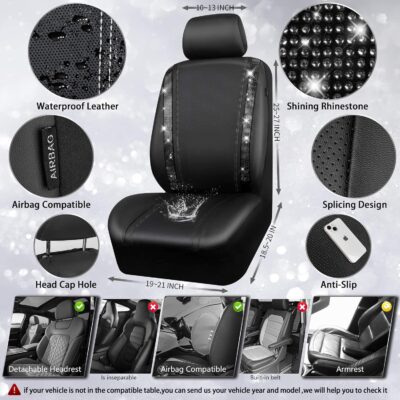 CAR PASS Leather Bling Diamond Car Seat Covers Full Set, Shining Rhinestone Waterproof Durable Rear with Zipper, Universal Fit Automotive Glitter Crystal Sparkle Strip for Cute Women Girly Black - Image 3