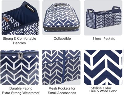 Orionstar Trunk Organizer, Foldable Car Storage Bag Portable Insulation Cooler Bag Collapsible Vehicle Organizer Divider Storage Totes with 3 Compartment Cargo Tote for Groceries Caddy SUV, Navy Blue - Image 5