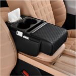 Car Center Console Armrest Pillow, Memory Foam Leather 4 in 1 Vehicle Arm Rest Cover with Tissue Box 2 Side Storage Bag Cup & Phone Holder, Auto Armrest Cushion, Universal Fit (Black)