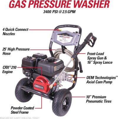 Simpson 3400 PSI Gas Pressure Washer, 2.5 GPM Residential Power Washer, Cold Water, 25' Hose, Clean Machine, 49-State Compliant (CM61083) - Image 3