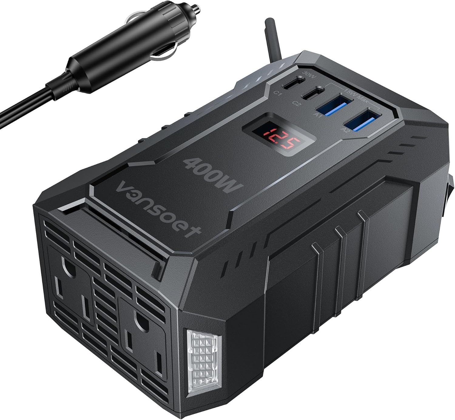 81n8h5ihtHL._AC_SL1500_.jpg 400W Car Power Inverter DC 12V to 110V AC Inverter with PD 30W/15W USB C+2*USB A Ports & 2 AC Outlets, Car Plug Adapter Outlet for Laptop/Phone/Road Trip - Image 1