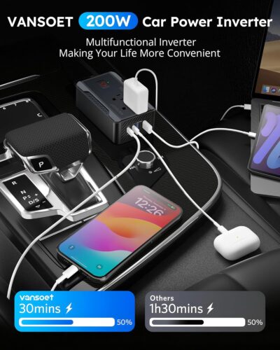 200W Car Power Inverter DC 12V to 110V AC Converter with [PD 30W & 15W] Fast Charging USB C/3.0A Dual USB Charging Ports, Car Outlet Adapter for Phone, Laptop on Road Trip (Black) - Image 5