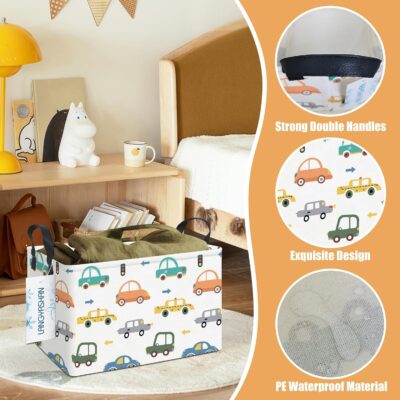 LANGYASHAN Rectangular Storage Bin Collapse Canvas Fabric Cartoon Storage Basket with Handles for Organizing Home Kitchen Boys and Girls Toys Office Closet Shelf Baskets(Rec Color Cars) - Image 3