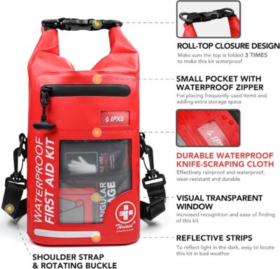 250 PCS Waterproof First Aid Kit, Roll Top Reflective Boat Dry Bag Bug Out Bags, Emergency Medical Kit Ideal for Boating, Camping, Fishing, Kayaking, Floating, Red - Image 2