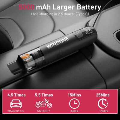 Windone Car Vacuum, 12000Pa 2-in-1 Cleaner & Tire Inflator 150PSI, 60W Brushless Motor, Cordless Handheld Vacuum & Air Pump with Pressure Gauge, LED Light, Multi-Nozzles for Car, Home, Office - Image 5