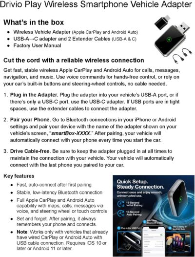 Drivio Wireless CarPlay Adapter for iPhone & Android | USB CarPlay Wireless Adapter with Screen Mirroring | 2026 Bluetooth Car Play Dongle Apple Play for Car Accessories Android Auto USB C & A - Image 5