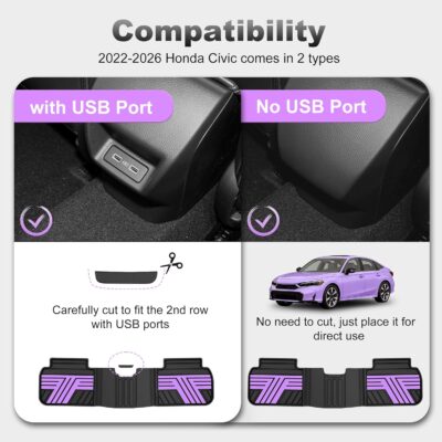 Floor Mats Fit for Honda Civic 2022-2025 2026 Sedan Hatchback Si (Include Sport,Not for Hybrid), with&w/o USB Port | for Acura Integra 2023-2026, All Weather Car Floor Liners, Black & Purple - Image 2