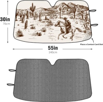 Wild West Desert with Cowboy Car Windshield Sunshade,Folding Sun Shade Auto Sun Visor Heat Protection Front Window, Car Sunscreen Blocks UV Rays and Keeps Vehicle Cool (55 x 30 Inch) - Image 3