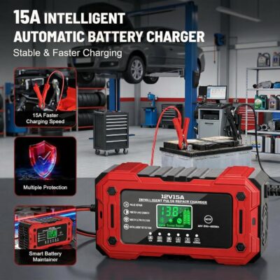 Battery Charger 15A 12V Fully Automatic Smart Trickle Car Battery Charger Maintainer with LCD Display & Temperature Compensation for Car Truck Motorcycle Lawn Mower Boat - Image 2