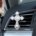 Frienda Bling Car Air Vent Clip Crystal Cross Rhinestone Vehicle Air Conditioner Outlet Vent Charm Car Bling Accessories for Women Wheels Interior Decoration(Silver) - Image 4