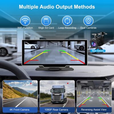 10.26" Wireless Carplay Screen for Car with 4K Dash Cam | Portable Car Play & Android Auto Touch Screen, 1080p Backup Camera, Mirror Link, Voice Control, GPS Navigation | for All Cars - Image 5
