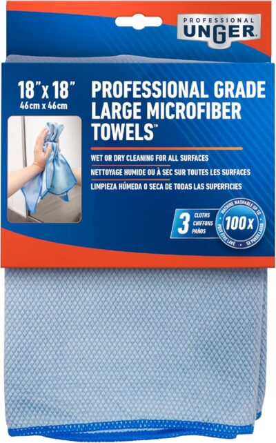 Unger Professional 18” x 18” Large Professional-Grade Microfiber Cloth Towels, 3 Pack, Multi-Purpose Wet and Dry Cleaning Cloths for Kitchen, Bath, Auto, Appliances, Car Supplies - Image 9