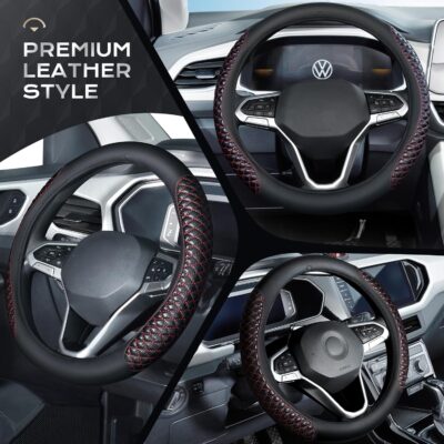 Coverado Car Steering Wheel Cover, Nappa Leather Black & Redline Steering Wheel Covers, Universal 14-15 inch, Anti-Slip, Breathable Steering Wheel Protector for Women Men - Image 4