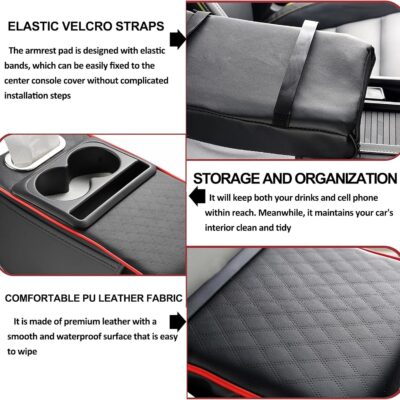 Center Console Cover,Car Armrest Cushion Multifunctional with 2 Storage Bags Cup Holder,Phone Slot,Tissue Box Slot for Most Cars Accessories Interior Organizers-Black+Red 13.8x7.9 in - Image 4