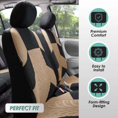 FH Group Car Seat Covers Full Set Premium Cloth - Universal Fit, Automotive, Low Back Front Washable Seat Covers, Airbag Compatible, Split Bench Rear Seat for SUV, Sedan Beige - Image 2