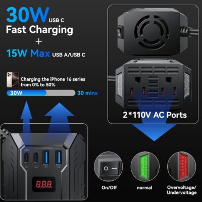 400W Car Power Inverter DC 12V to 110V AC Inverter with PD 30W/15W USB C+2*USB A Ports & 2 AC Outlets, Car Plug Adapter Outlet for Laptop/Phone/Road Trip - Image 3