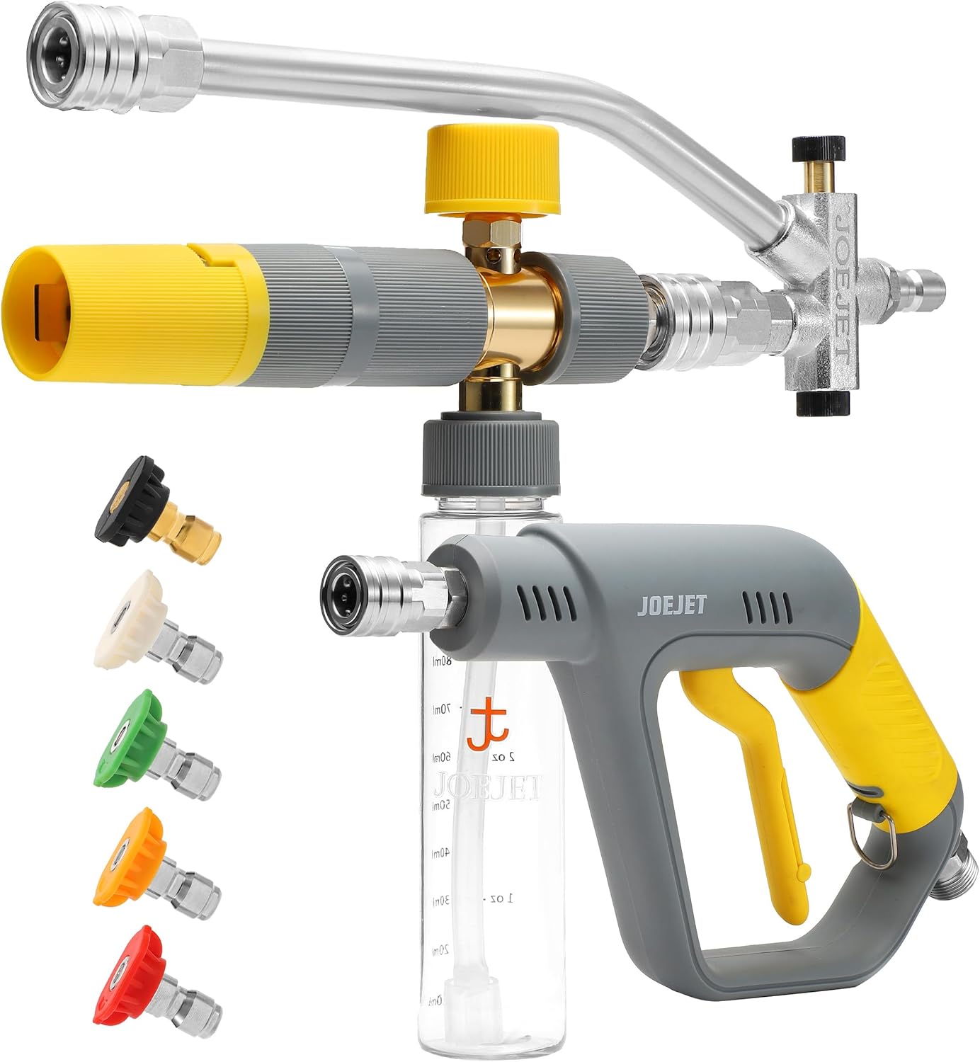 81ra4NP2liL._AC_SL1500_.jpg JOEJET Pressure Washer Gun with Mini Foam Cannon Dual Connector, Dual-Purpose Switch Spray Gun with 5 Power Washer Nozzle Tips, Dual Wand Foam Cannon, 1/4” Quick Connector - Image 1