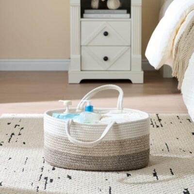 luxury little Diaper Caddy Organizer, Large Cotton Rope Nursery Baby Basket, Changing Table Organizer for Baby Diaper Storage, Portable Car Organizer Removable Divider (Gradient Brown, Extra Large) - Image 7