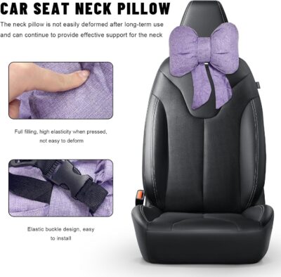 Bow Car Headrest Pillow, Bow-Shaped Car Headrest Cushion Cute Interior Decor with Elastic Buckle, Breathable Comfortable Seat Neck Support Pillow for Auto Office Travel (Purple) - Image 3