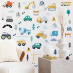 Construction Wall Stickers - 6 Sheets 90 Pcs Construction Themed Trucks Excavator Crane Wall Decals Peel and Stick Wall Decors for Kids Baby Bedroom Boys Room Nursery Playroom