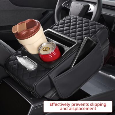 5 in 1 Car Center Console Cover, Armrest Pad with 2 Storage Pockets, Cup Holder, Tissue Box Slot, Phone Holder, Universal Car Interior Organizer (Black) - Image 3
