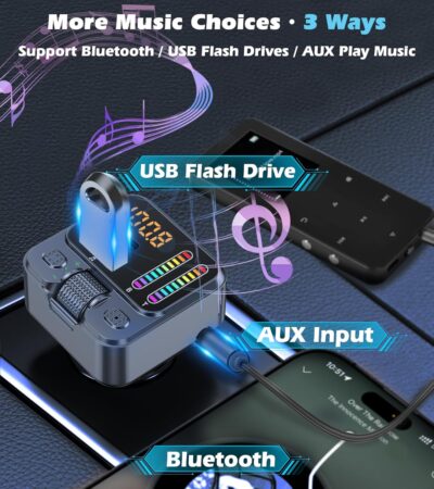 Bluetooth 5.3 Car Adapter with FM Transmitter & 42W PD Fast Charging, Wireless AUX/USB Music Receiver, Hands-Free Calls, Beat Sync LED Lights for Car Stereo, Compatible with All 12V-24V Vehicles - Image 4